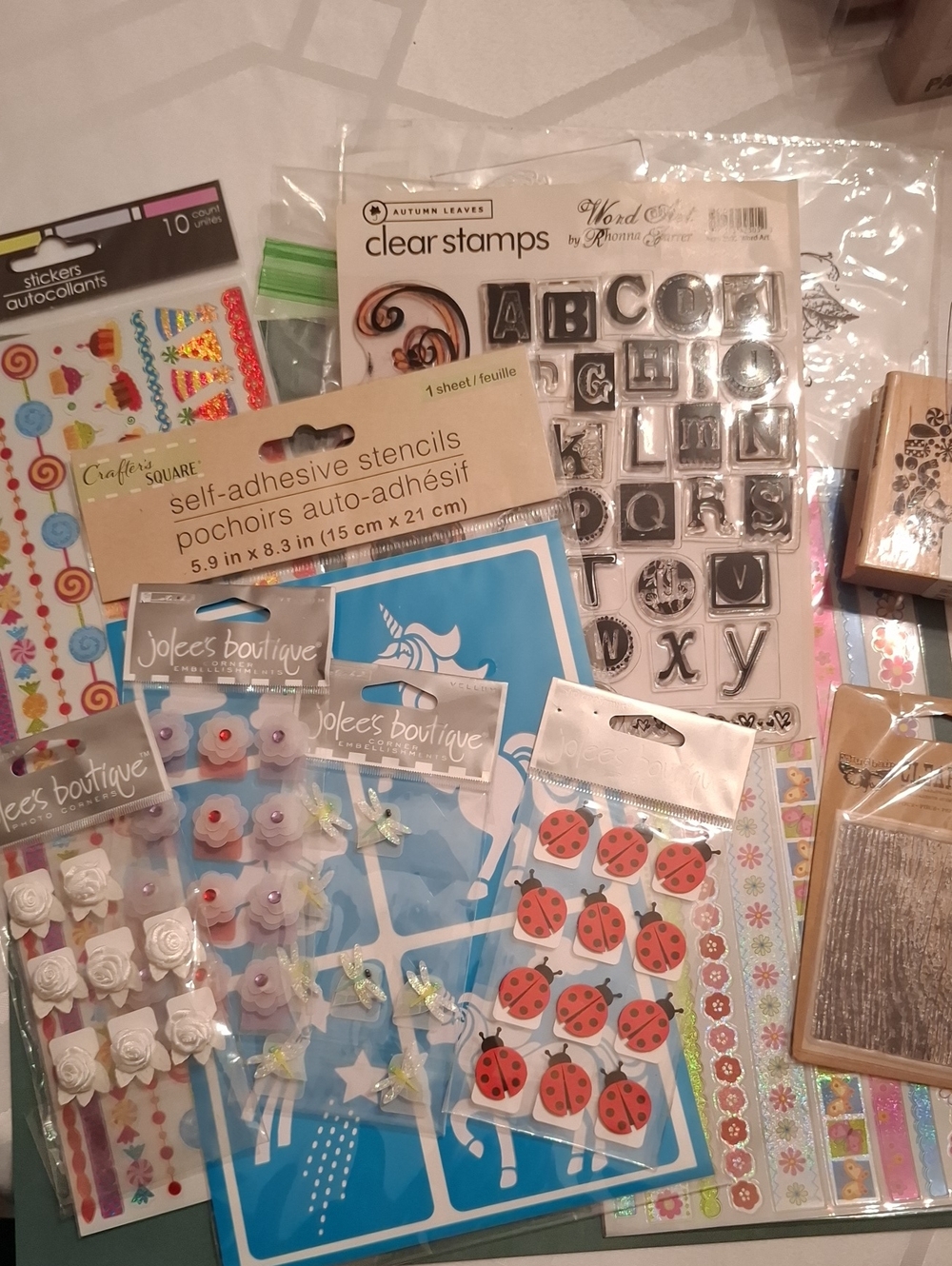 Bundle Of Scrapbook Supplies, Stickers, Photo Corners, Alphabet Stamps And More